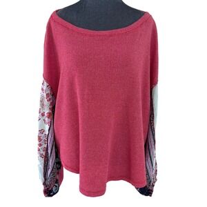 We The Free Wms Oversized Boho Festival Red Waffle Knit Mixed Print Sleeve Top L